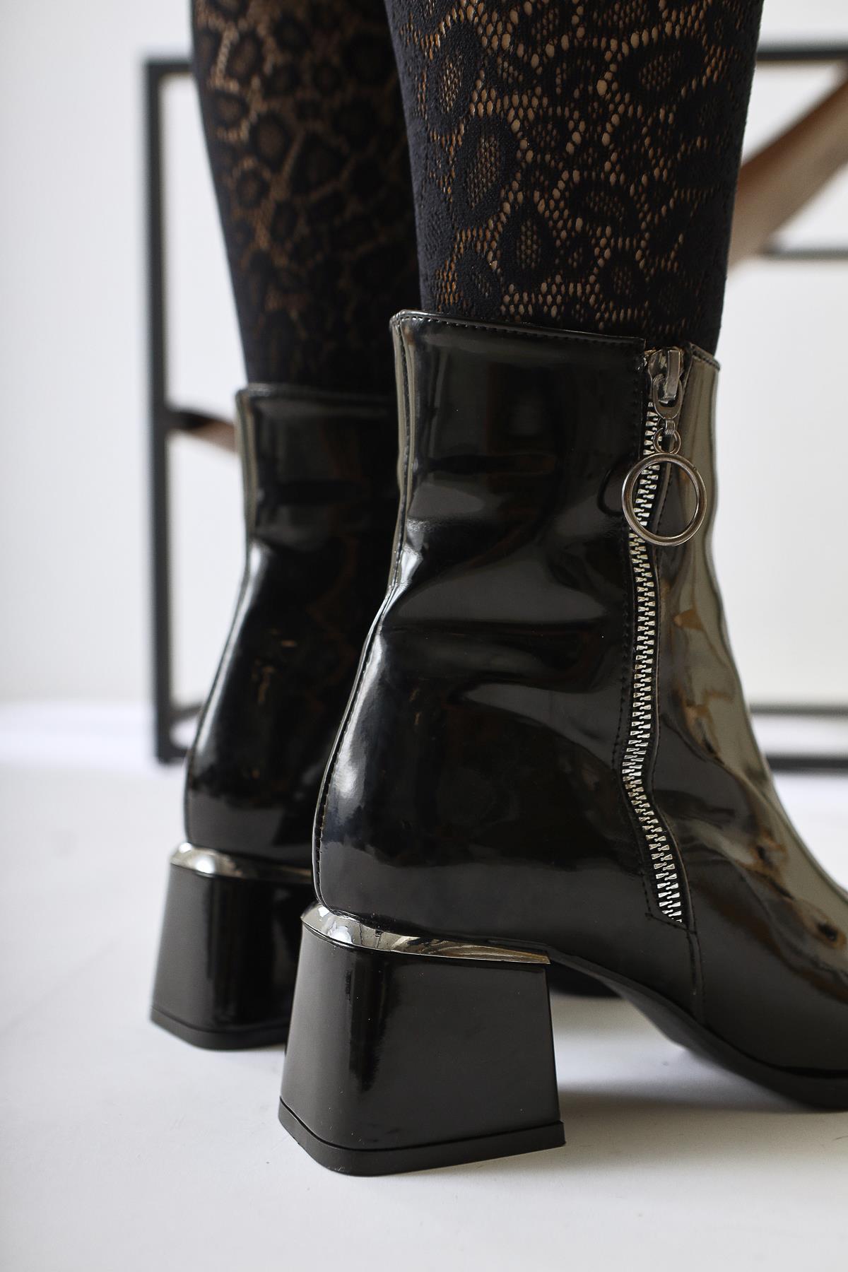 Deyana Black Patent Leather Zipper Accessory Boots