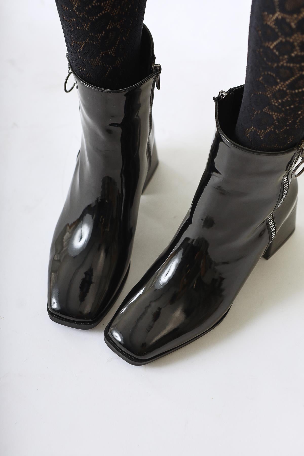 Deyana Black Patent Leather Zipper Accessory Boots