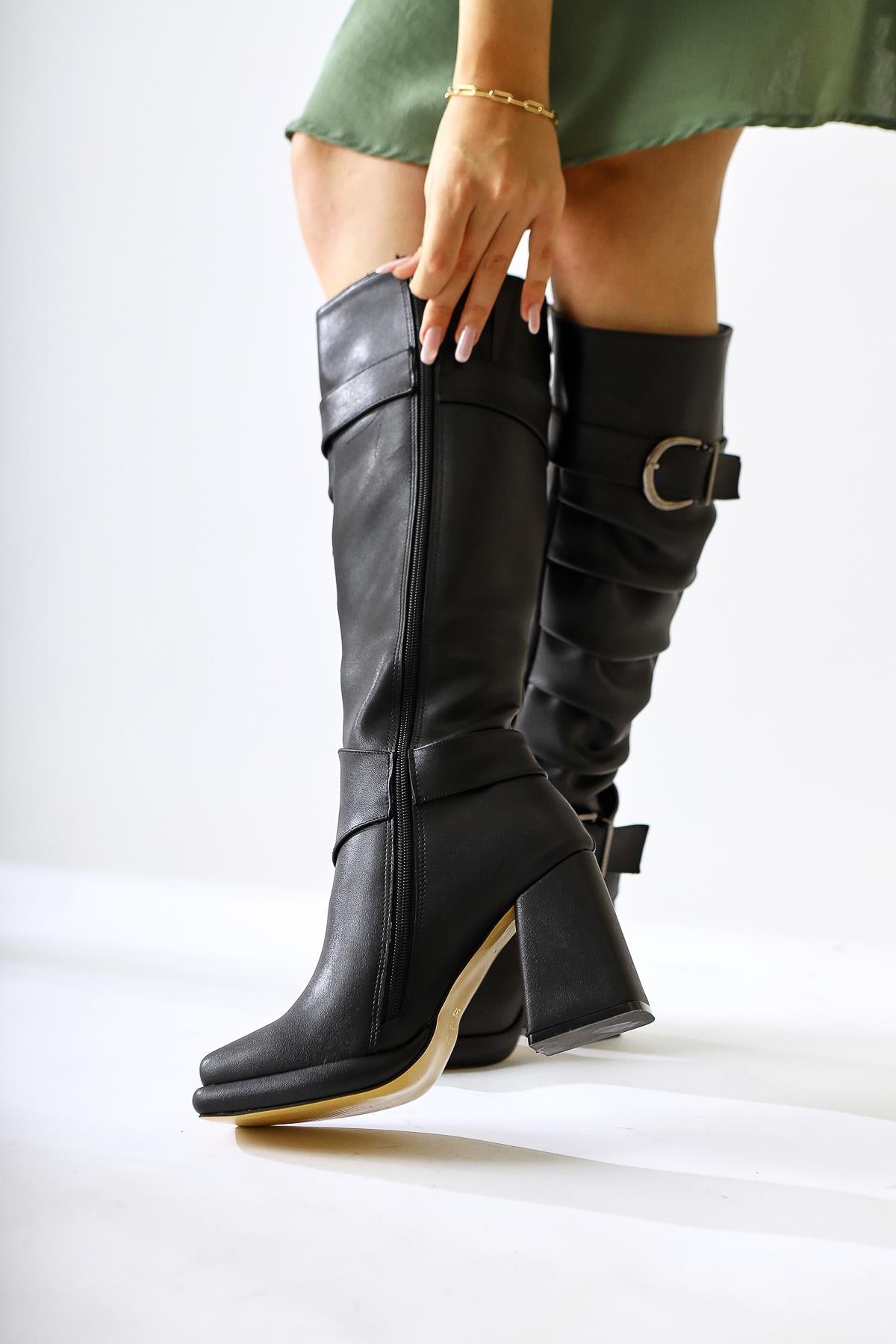 Dida Black Fold Detail Buckled Curved Toe Boots