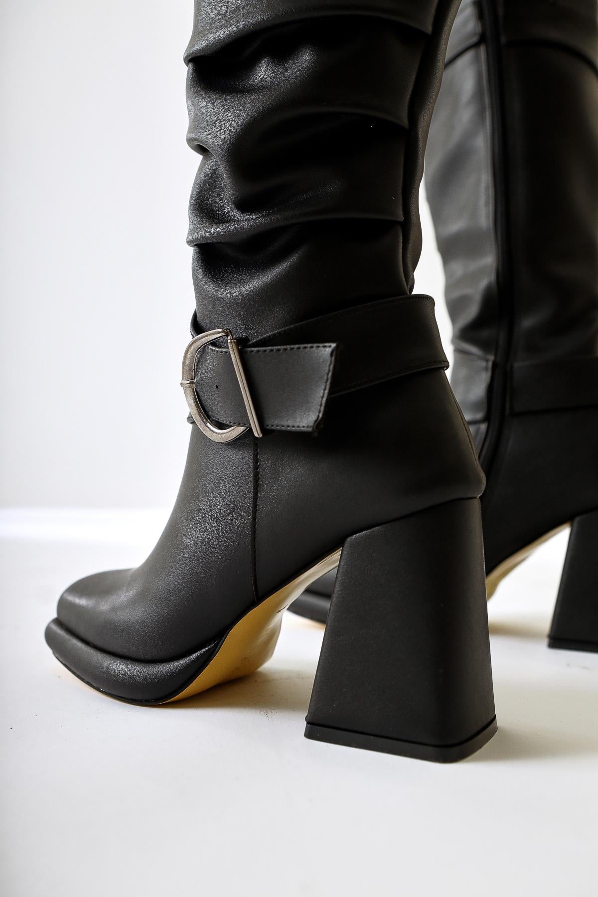 Dida Black Fold Detail Buckled Curved Toe Boots