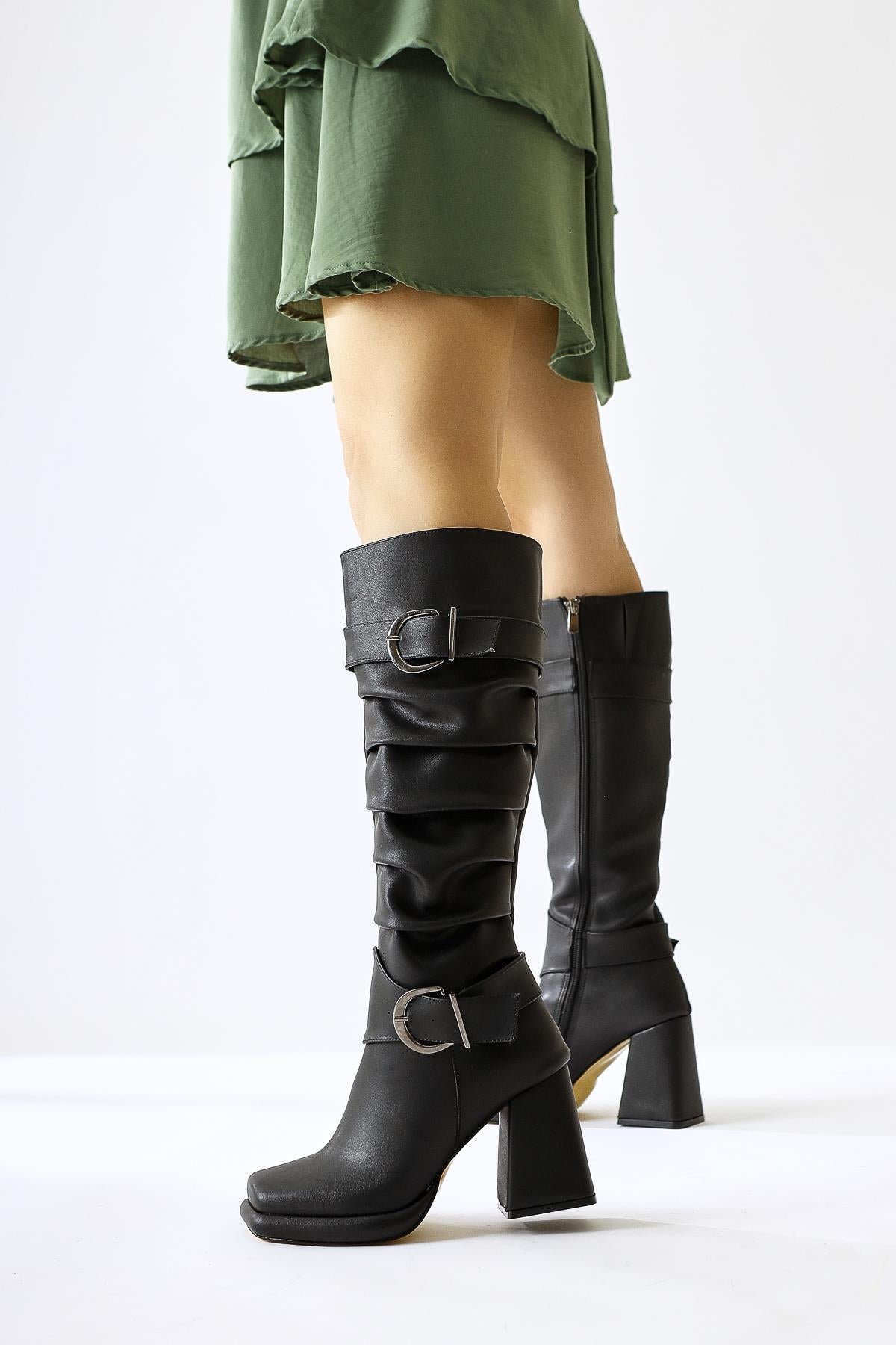 Dida Black Fold Detail Buckled Curved Toe Boots