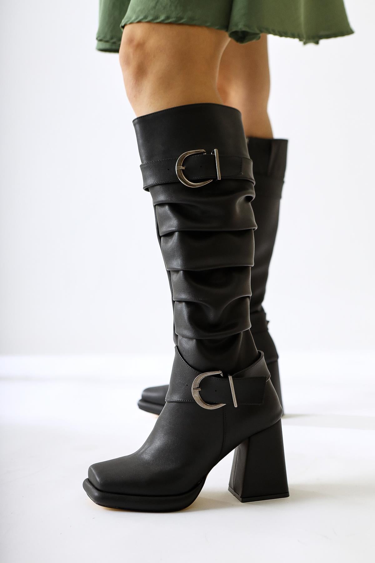 Dida Black Fold Detail Buckled Curved Toe Boots