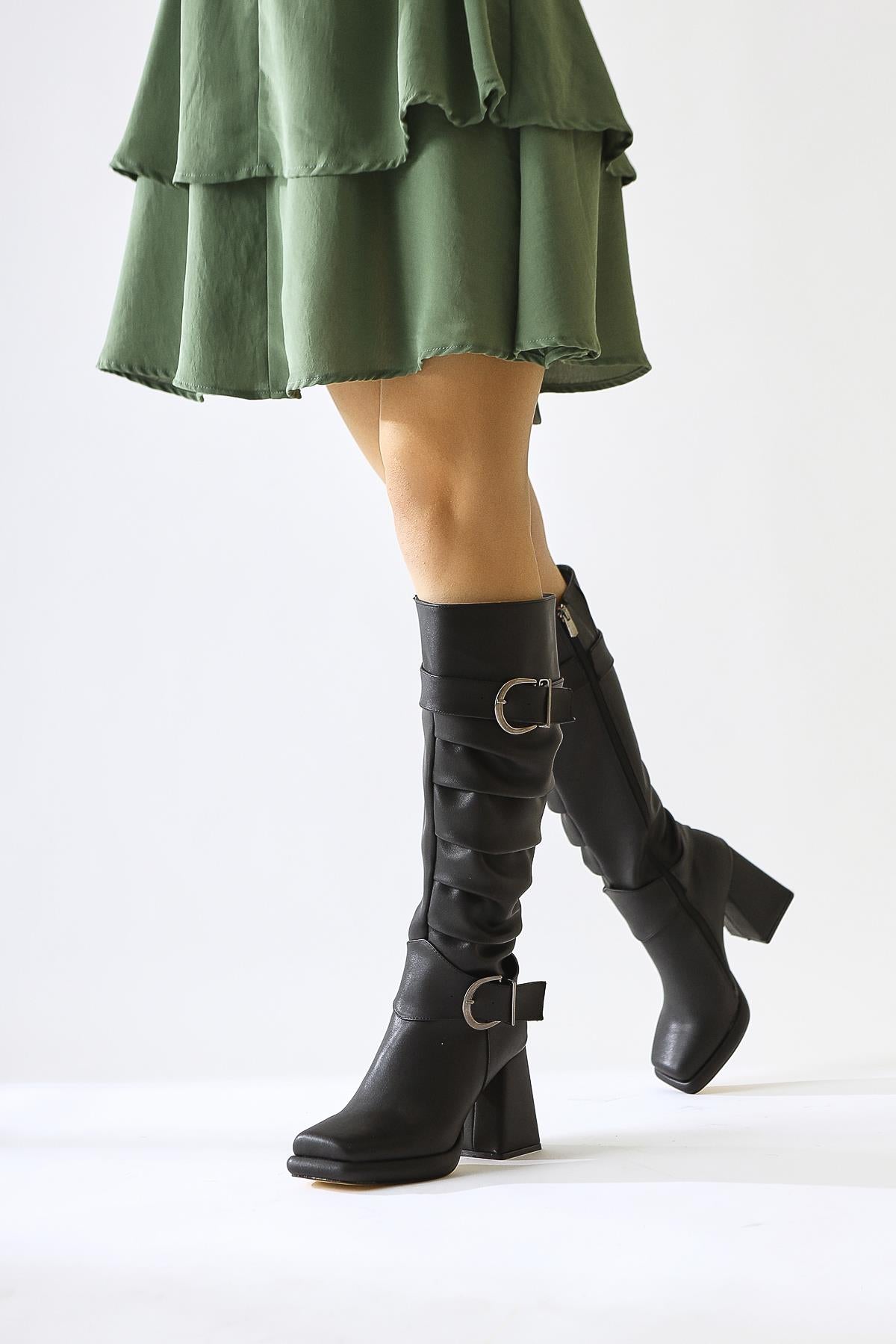 Dida Black Fold Detail Buckled Curved Toe Boots