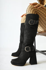 Dida Black Suede Fold Detail Buckled Curved Toe Boots