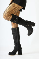 Dida Black Suede Fold Detail Buckled Curved Toe Boots