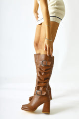 Dida Tan Fold Detail Buckled Cur Toe Boots