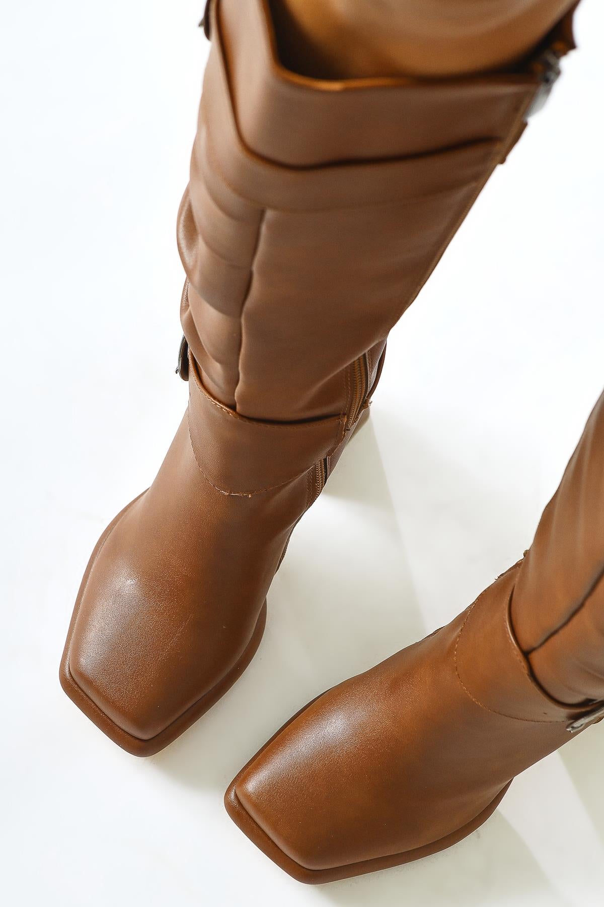 Dida Tan Fold Detail Buckled Cur Toe Boots