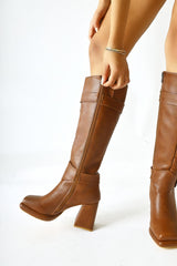 Dida Tan Fold Detail Buckled Cur Toe Boots