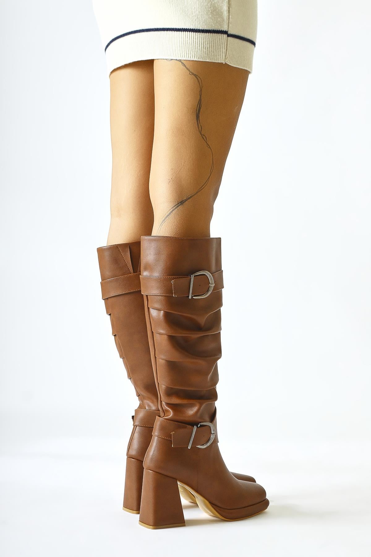 Dida Tan Fold Detail Buckled Cur Toe Boots