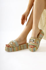 Dorine Multicolored Stone Buckle Detailed High-Sole Straw Slippers