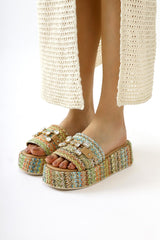 Dorine Multicolored Stone Buckle Detailed High-Sole Straw Slippers