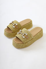 Dorine High-Sole Straw Slippers with Ten Stone Buckle Detail