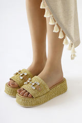 Dorine High-Sole Straw Slippers with Ten Stone Buckle Detail