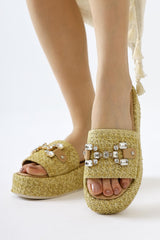 Dorine High-Sole Straw Slippers with Ten Stone Buckle Detail