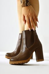 Dorsaf Brown Oval Toe Elastic Heeled Boots