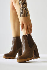 Dorsaf Brown Oval Toe Elastic Heeled Boots