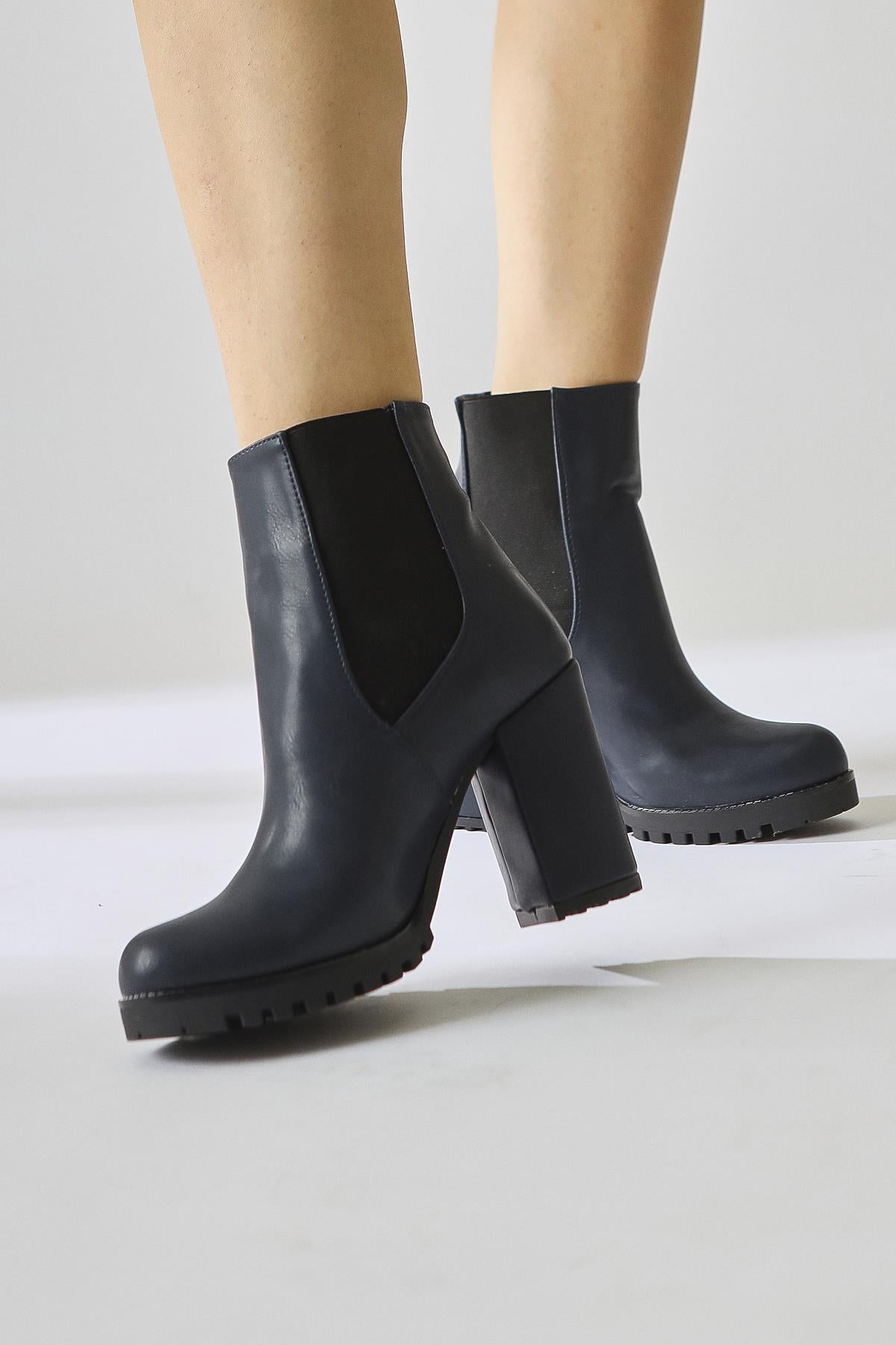 Dorsaf Navy Blue Oval Toe Elastic Heeled Boots