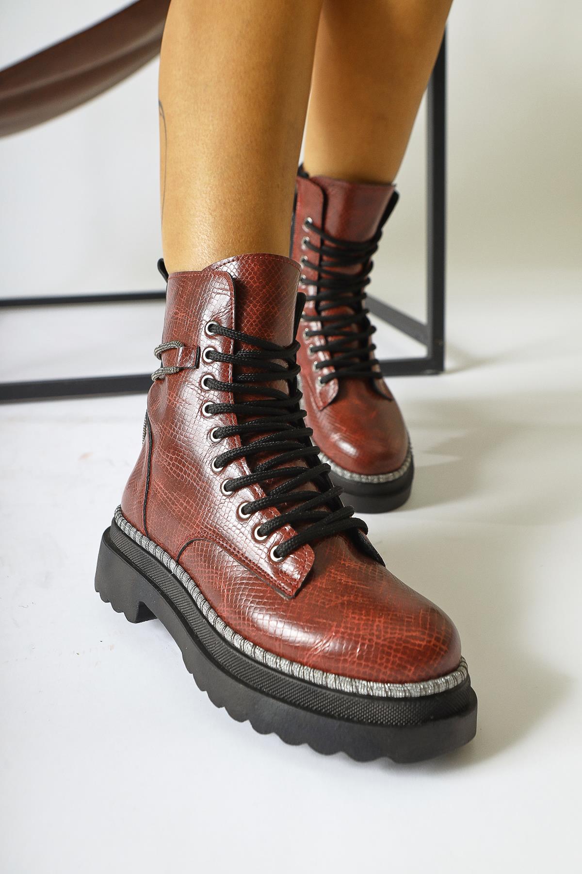 Dylan Burgundy Shiny Piping Ankle Boots