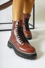 Dylan Burgundy Shiny Piping Ankle Boots