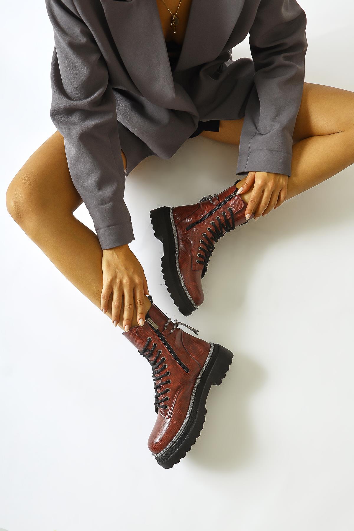 Dylan Burgundy Shiny Piping Ankle Boots