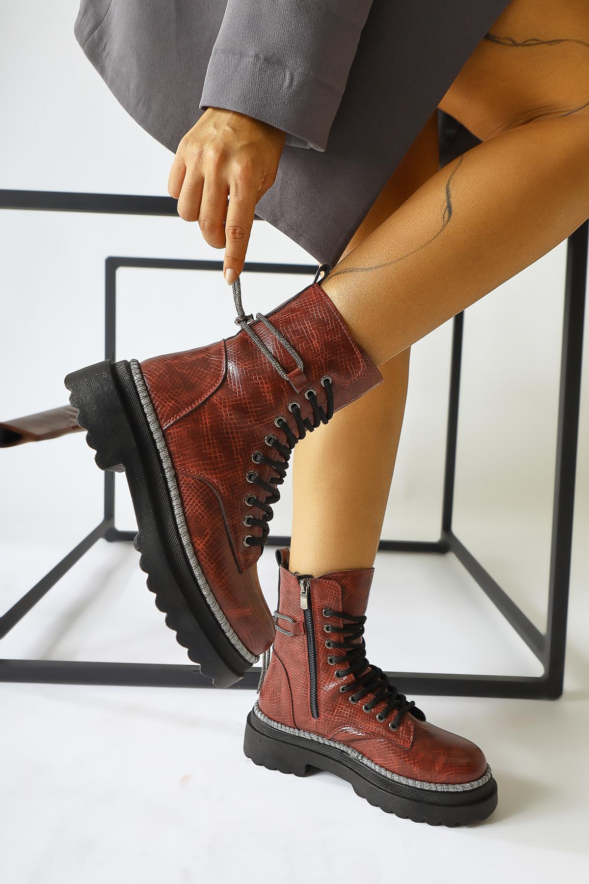 Dylan Burgundy Shiny Piping Ankle Boots