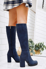 Elias Navy Blue Zippered Platform Chunky Heel Boots