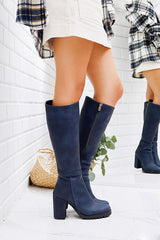 Elias Navy Blue Zippered Platform Chunky Heel Boots