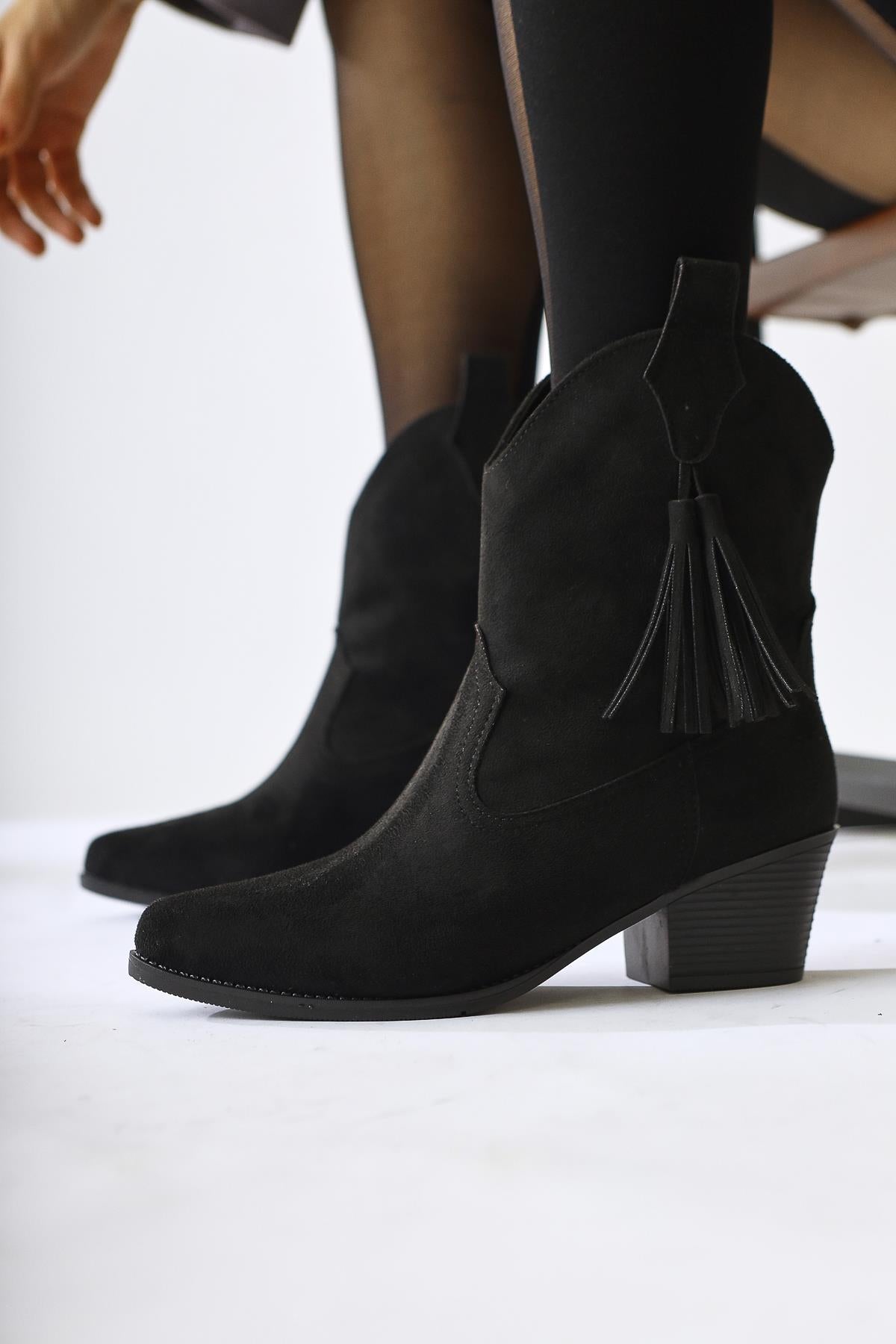 Elias Black Suede Tassel Detail Western Boots