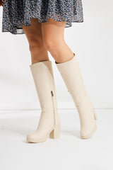 Elmaza Beige Oval Toe Heeled Boots