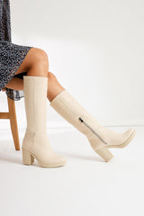 Elmaza Beige Oval Toe Heeled Boots