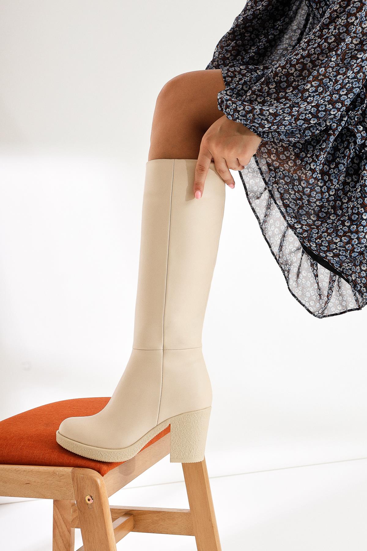 Elmaza Beige Oval Toe Heeled Boots