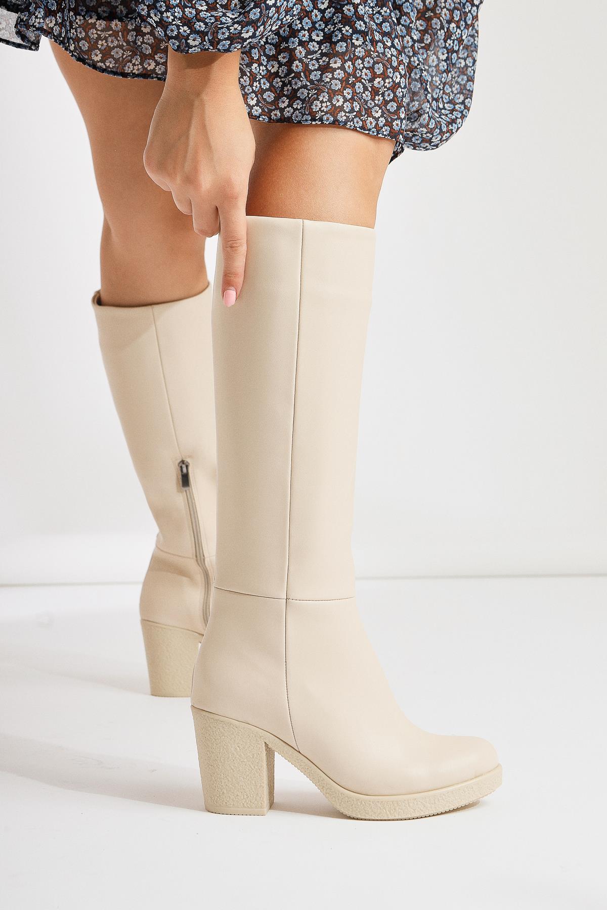 Elmaza Beige Oval Toe Heeled Boots