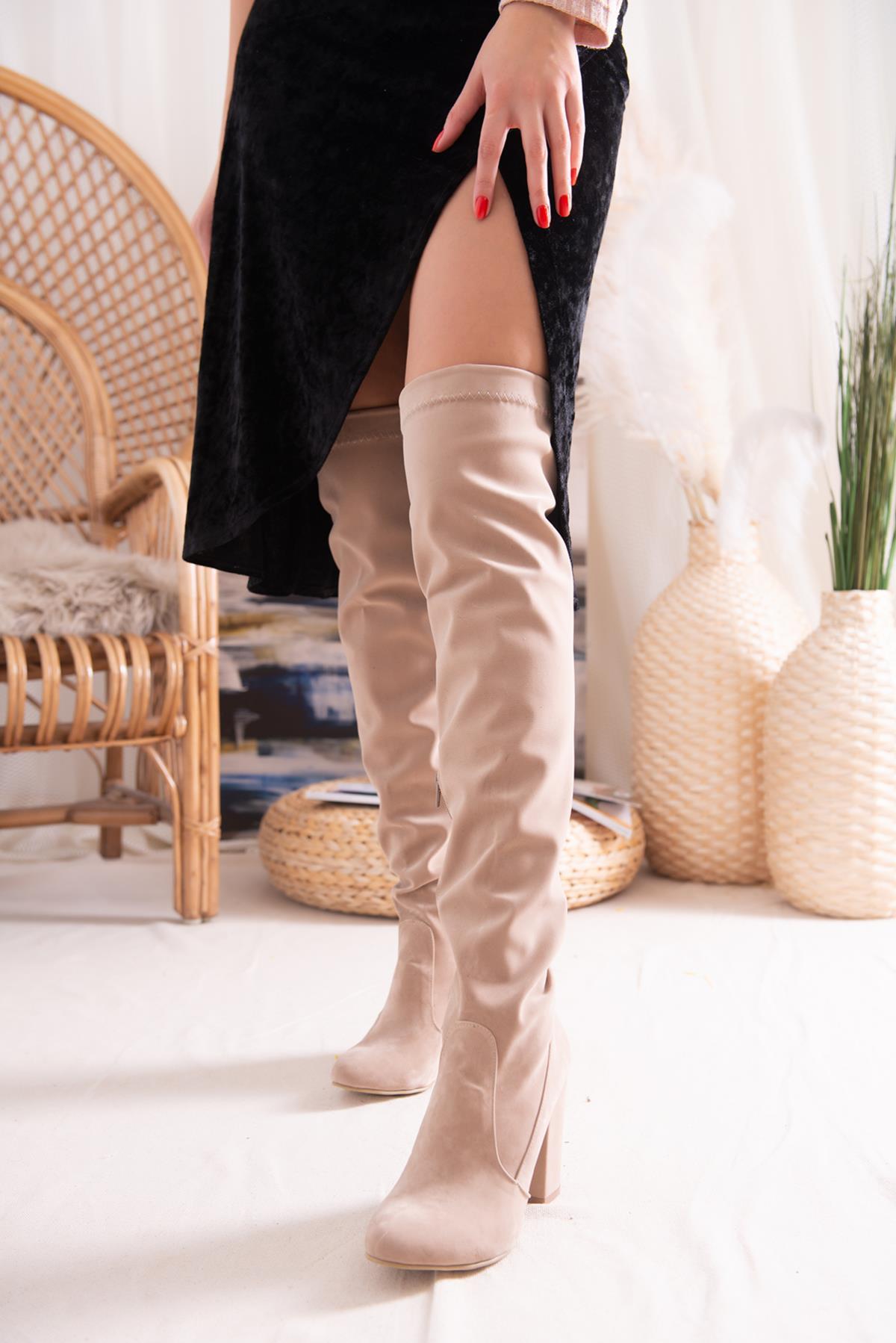 Elyssa Beige Suede Zipper Stretch Boots