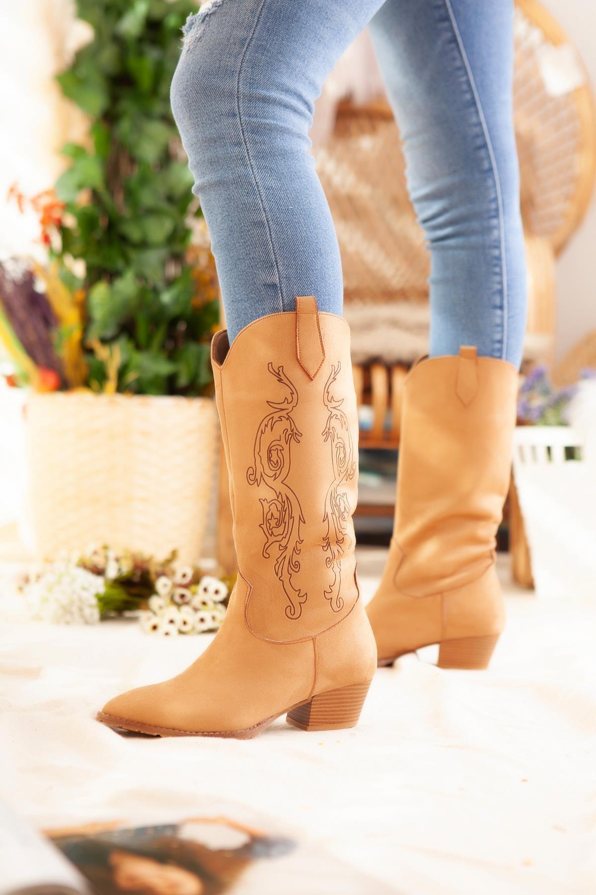 Erin Tan Laser Embroidered Western Boots