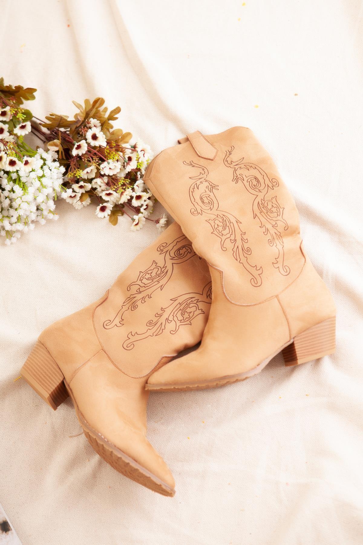 Erin Tan Laser Embroidered Western Boots