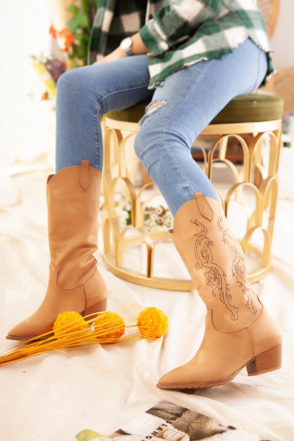 Erin Tan Laser Embroidered Western Boots