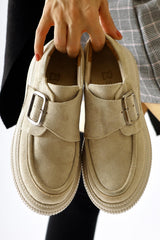 Evrim Beige Suede Buckle Detailed Casual Shoes