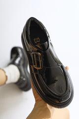 Evrim Black Patent Leather Buckle Detailed Casual Shoes