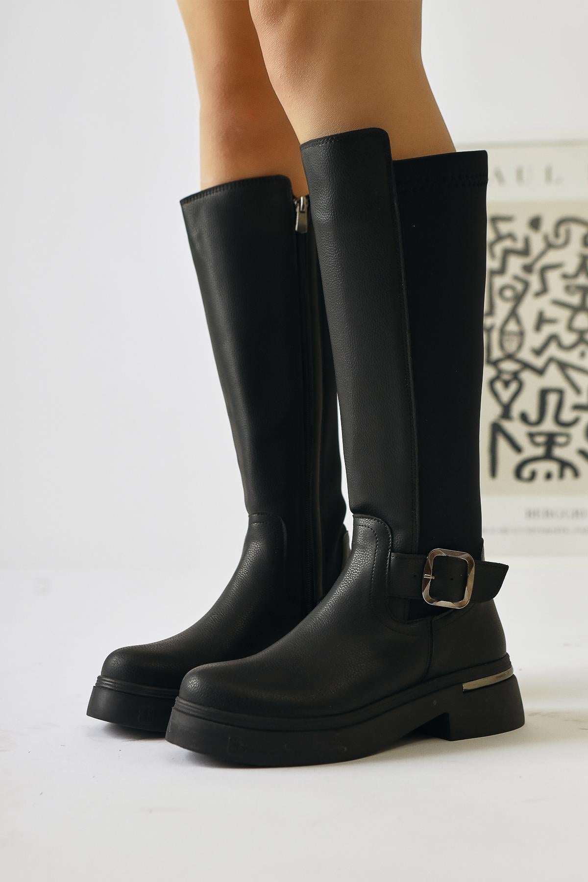 Faria Black Wet Fabric Detailed Buckled Thick Soled Boots