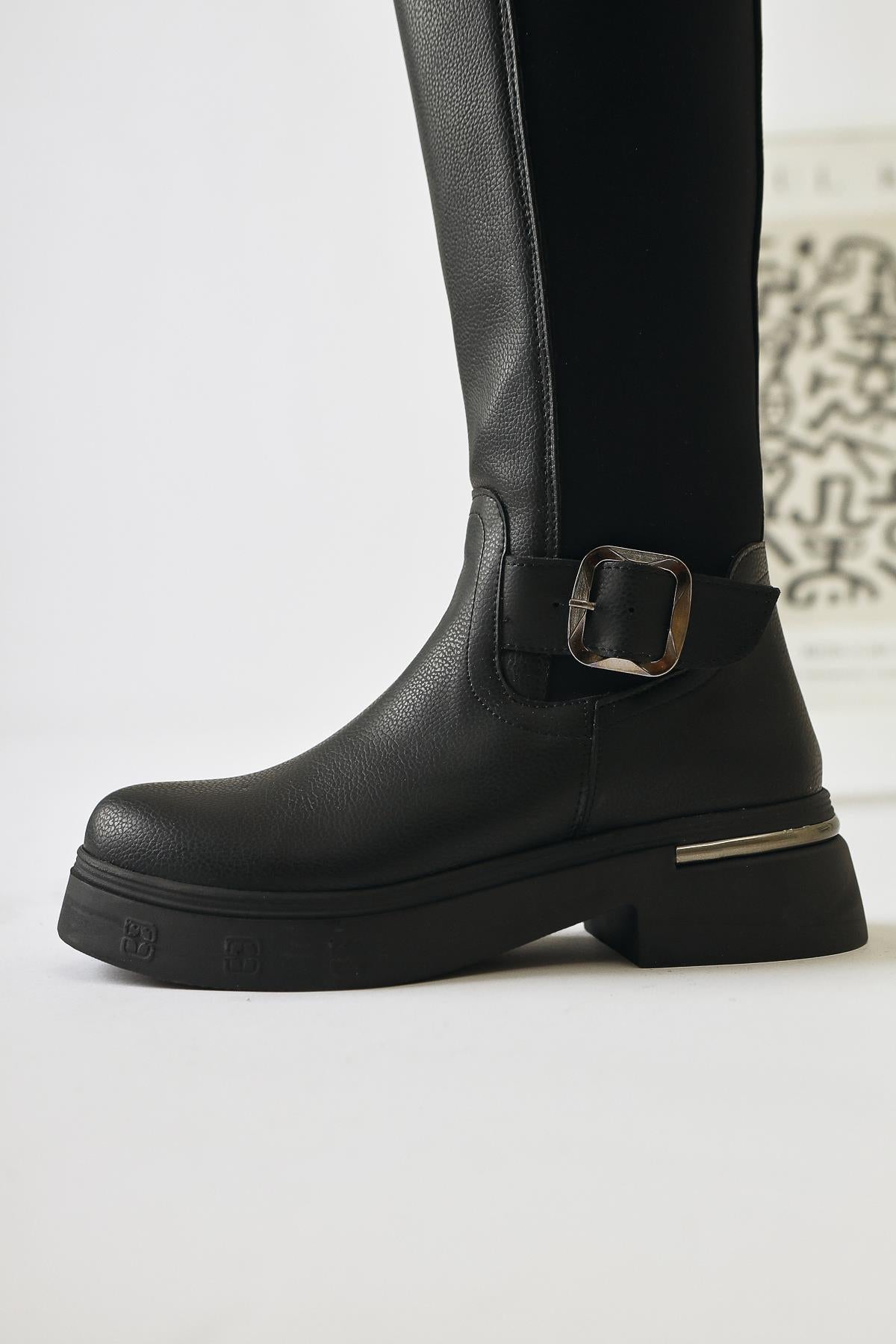 Faria Black Wet Fabric Detailed Buckled Thick Soled Boots