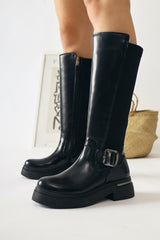 Faria Black Patent Leather Diving Fabric Detailed Buckled Thick Soled Boots