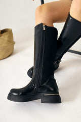 Faria Black Patent Leather Diving Fabric Detailed Buckled Thick Soled Boots