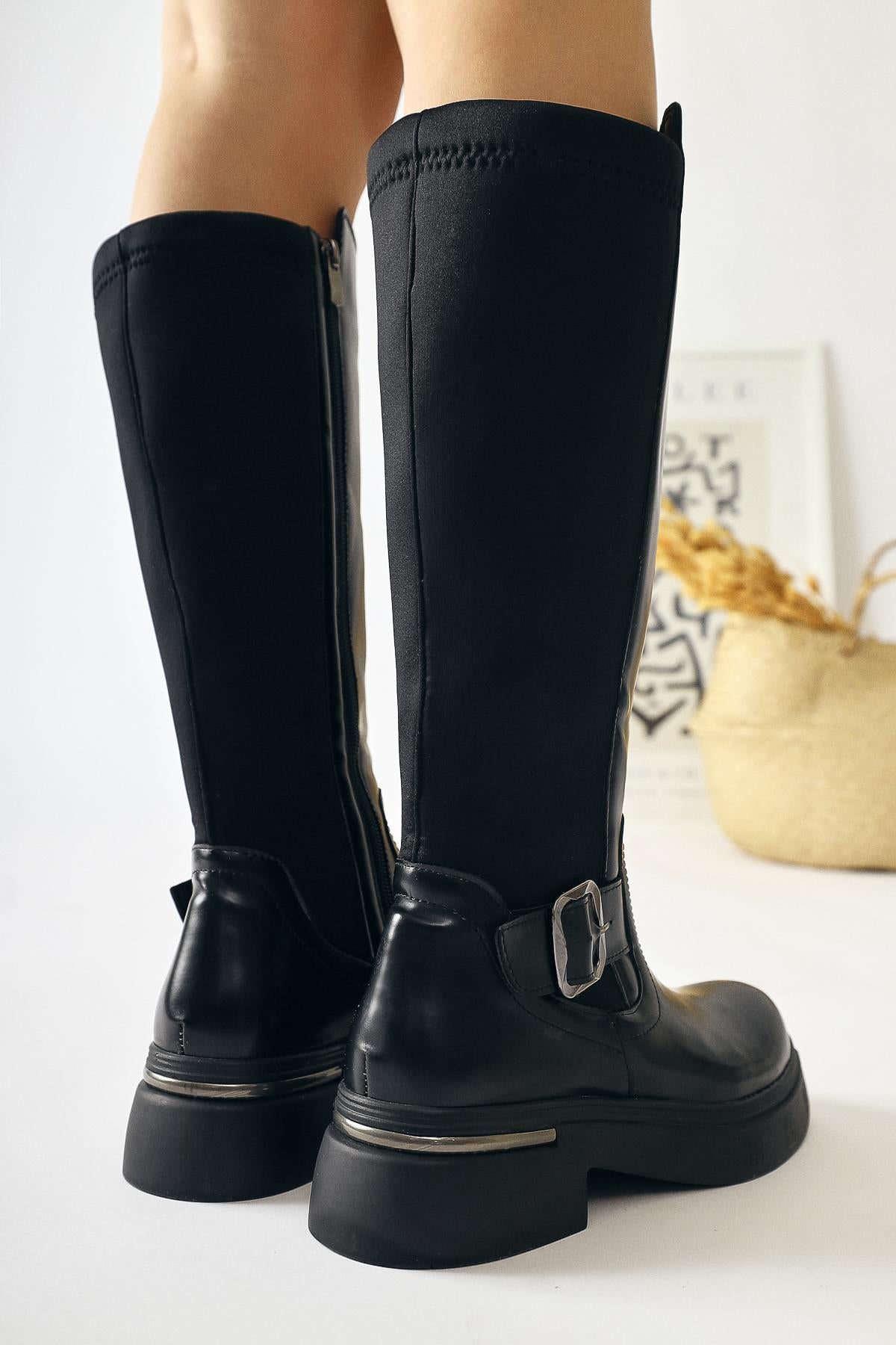 Faria Black Patent Leather Diving Fabric Detailed Buckled Thick Soled Boots