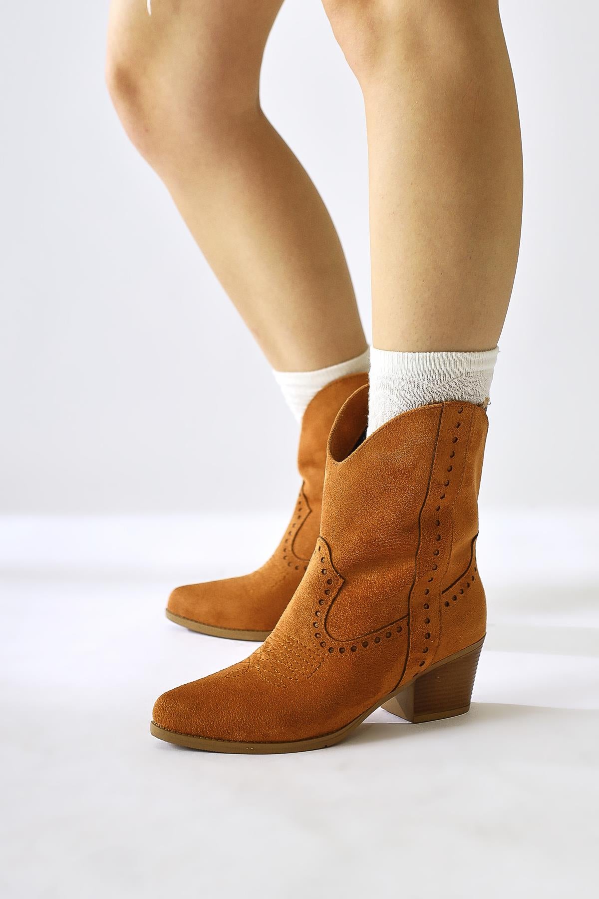 Fate Tan Suede Laser Cut Embroidery Detailed Western Boots