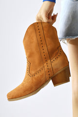 Fate Tan Suede Laser Cut Embroidery Detailed Western Boots