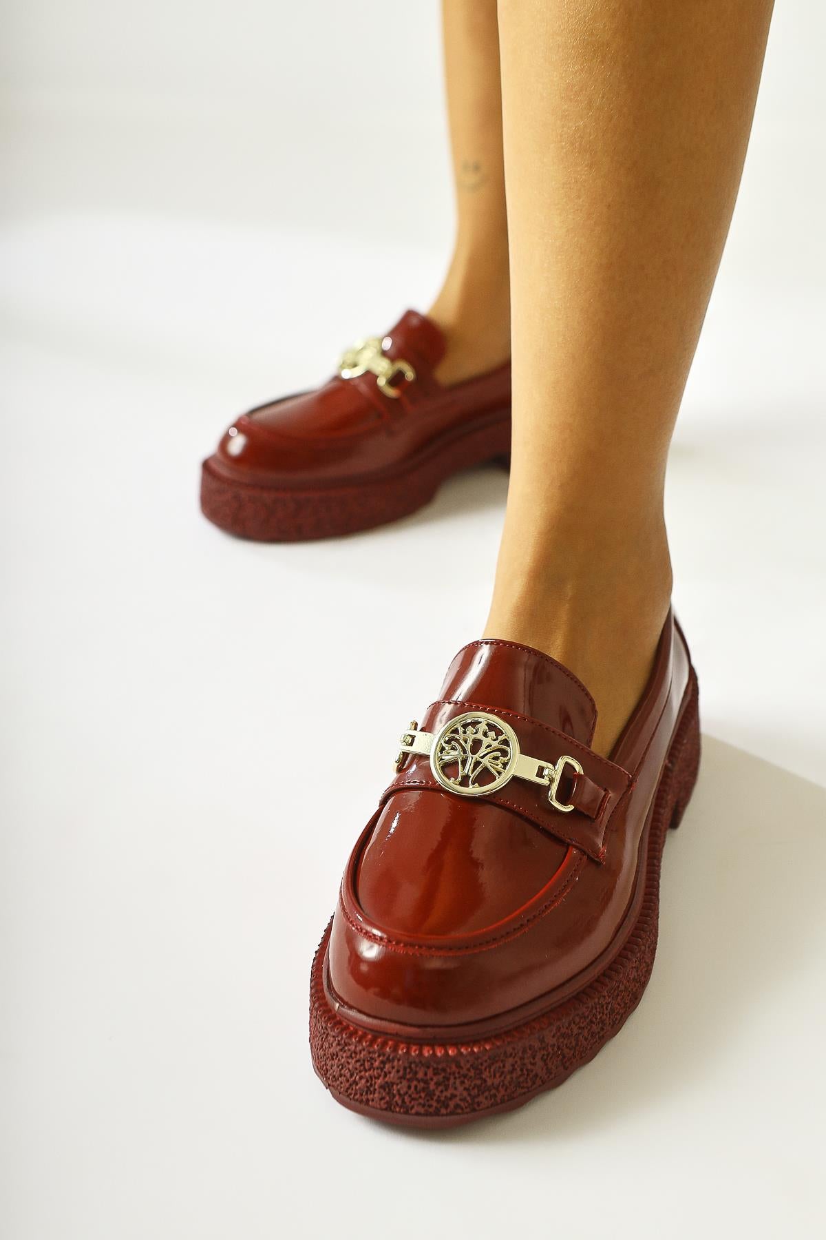 Fati Burgundy Patent Leather Buckle Detailed Loafers