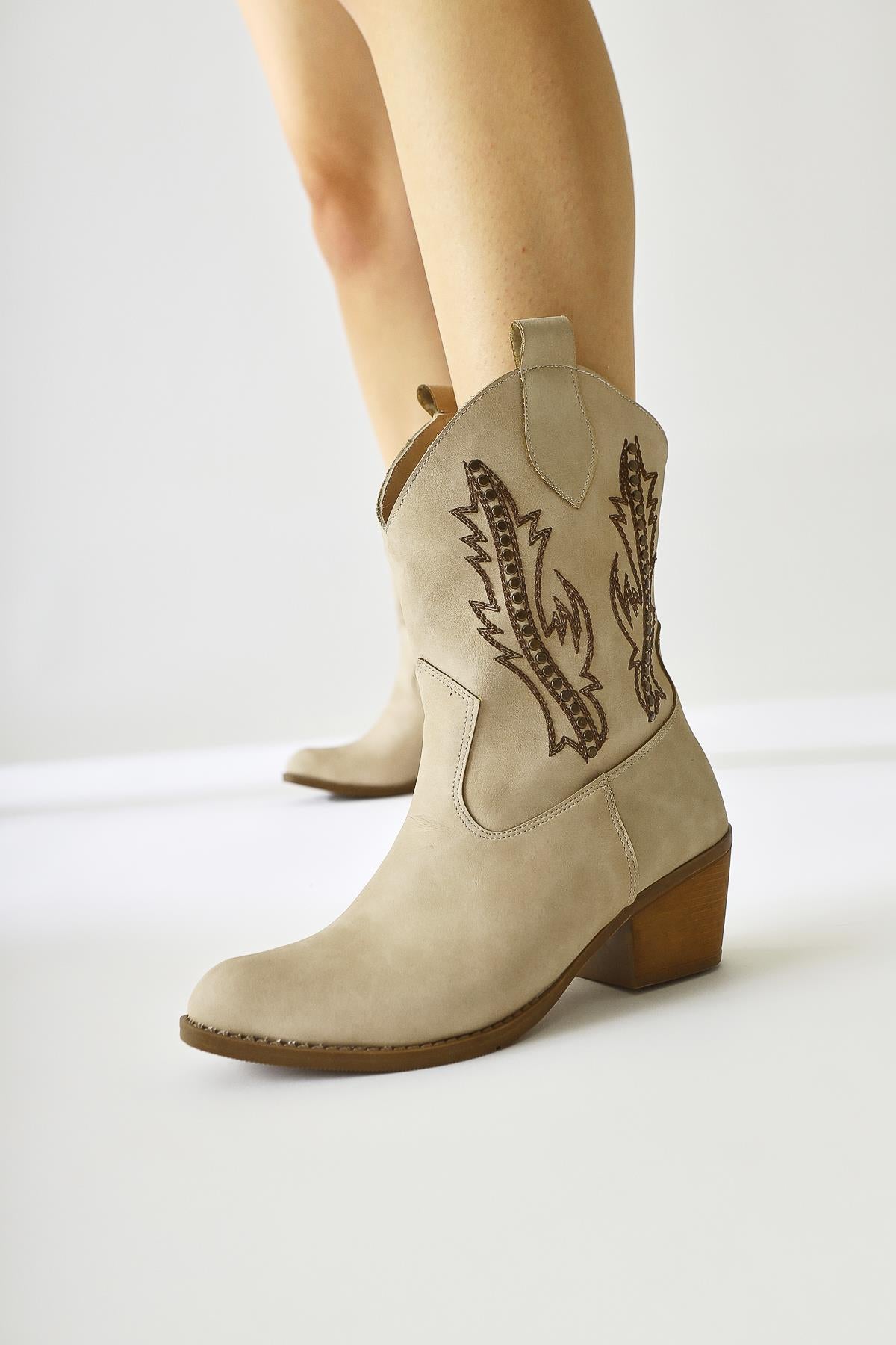 Fiza Beige Pointed Toe Embroidered Stud Detailed Western Boots