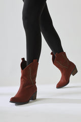 Fiza Claret Red Pointed Toe Embroidered Stud Detailed Western Boots