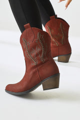 Fiza Claret Red Pointed Toe Embroidered Stud Detailed Western Boots