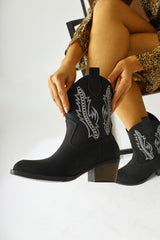 Fiza Black Pointed Toe Embroidered Stud Detailed Western Boots